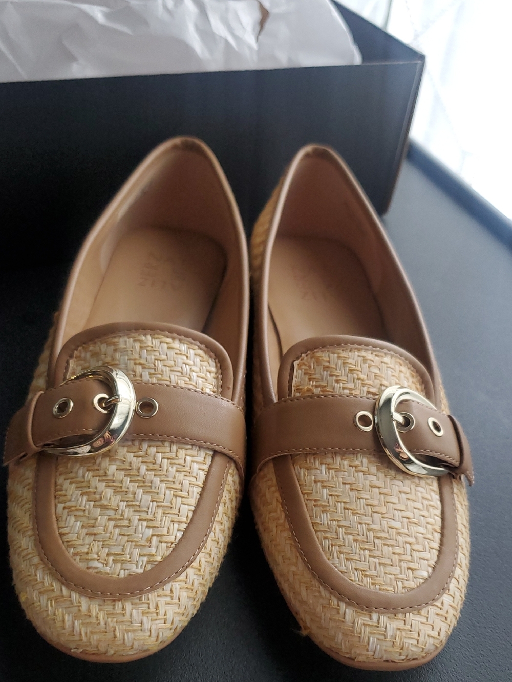 Naturalizer Tan Woven Loafers with Gold Buckles